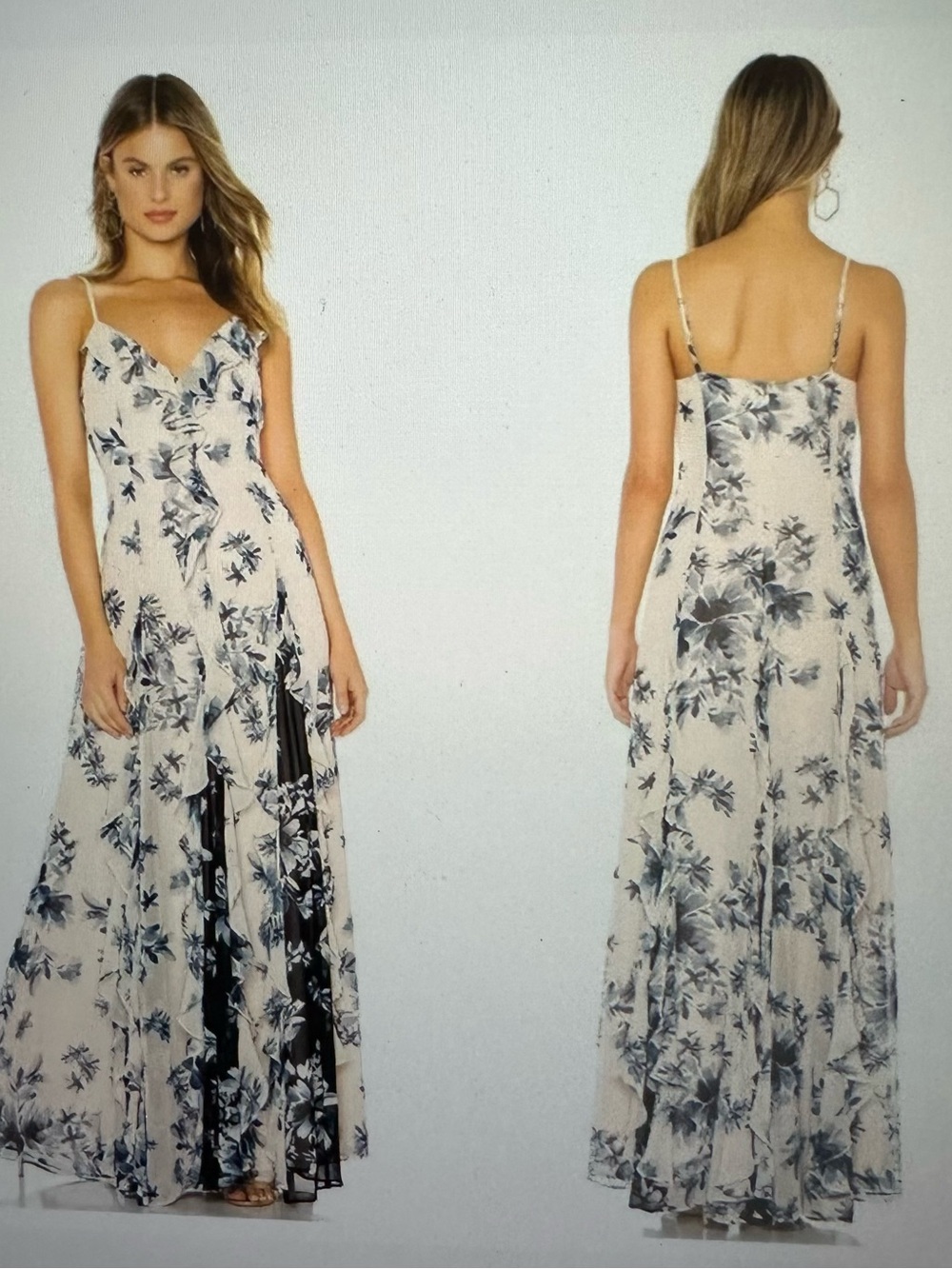 BCBGMaxAzria Floral Maxi Ruffle Gown Dress